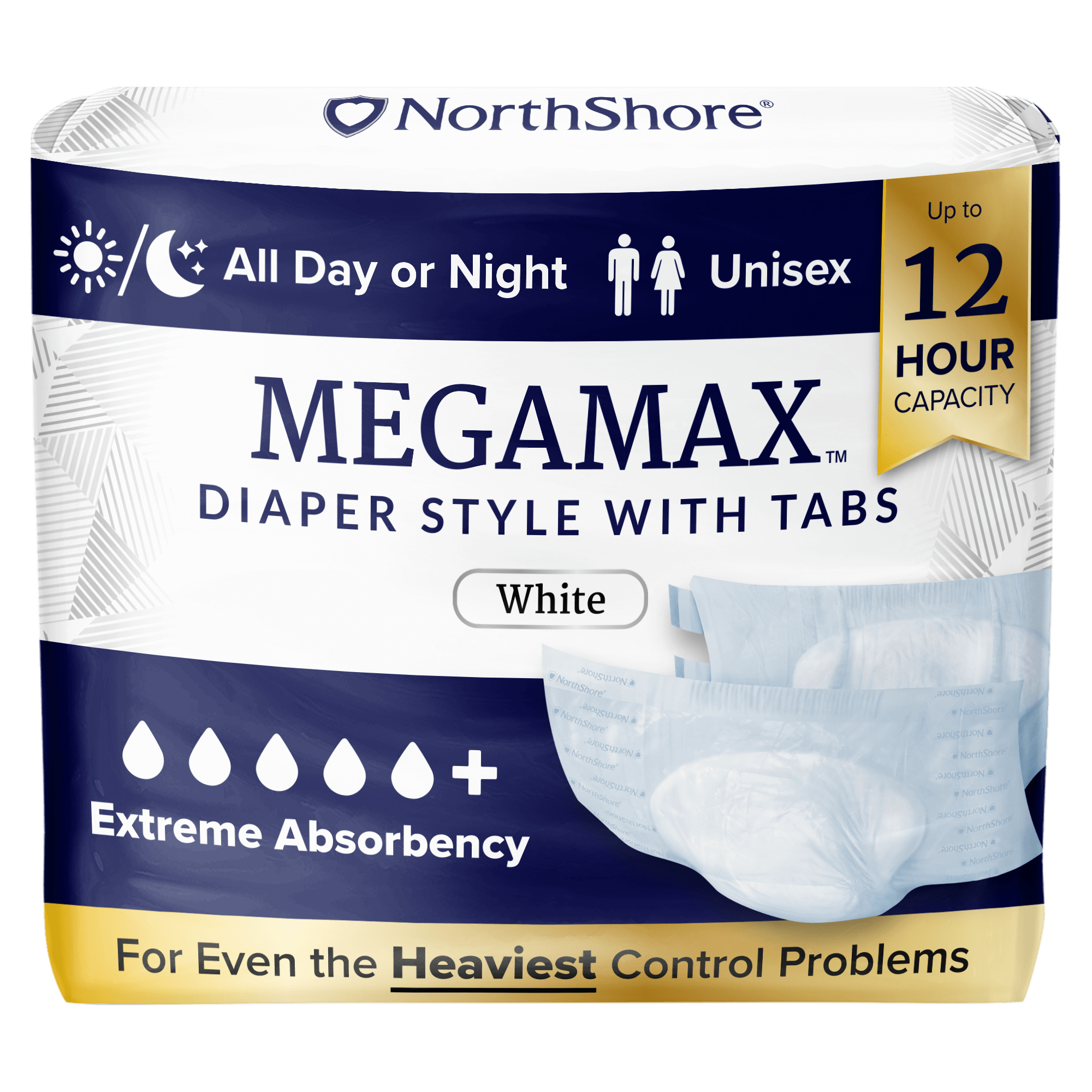 NorthShore MEGAMAX tab-style adult diaper with extra-wide coverage and maximum absorbency for heavy incontinence protection