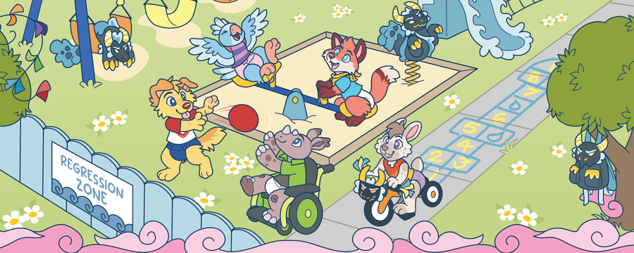 Colorful cartoon playground scene featuring several anthropomorphic animal characters playing together. A dog tosses a red ball to a goat using a wheelchair, while a bird swings overhead and a fox sits reading on a seesaw. A rabbit rides a tricycle nearby, and two cat-like characters play on spring riders in the background. Flowers dot the grass, and a sign reading "Regression Zone" stands beside the fenced play area.