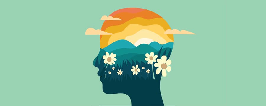 Illustration of a human head silhouette filled with a colorful sunset landscape, green hills, and wildflowers on a light green background.