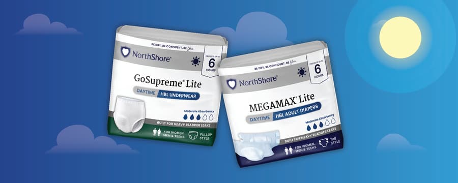 NorthShore GoSupreme Lite and MegaMax Lite daytime adult incontinence products against a blue sky background with clouds and sun.