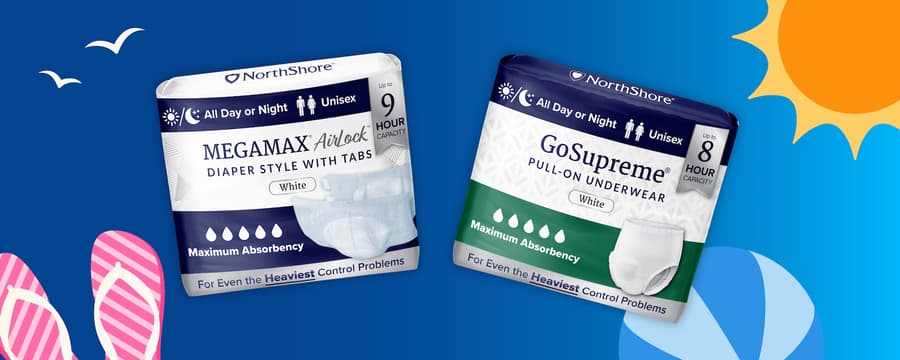 Promotional summer-themed graphic featuring two NorthShore incontinence products on a blue background. On the left is a package of NorthShore MegaMax AirLock diaper-style briefs with tabs, labeled “All Day or Night,” “Unisex,” and “Up to 9 Hour Capacity.” On the right is a package of NorthShore GoSupreme pull-on underwear, labeled “All Day or Night,” “Unisex,” and “Up to 8 Hour Capacity.” Both packages highlight maximum absorbency for heavy control needs. Decorative summer elements include a bright sun in the top right corner, seagulls in the sky, pink flip-flops in the bottom left, and a beach ball in the bottom right.