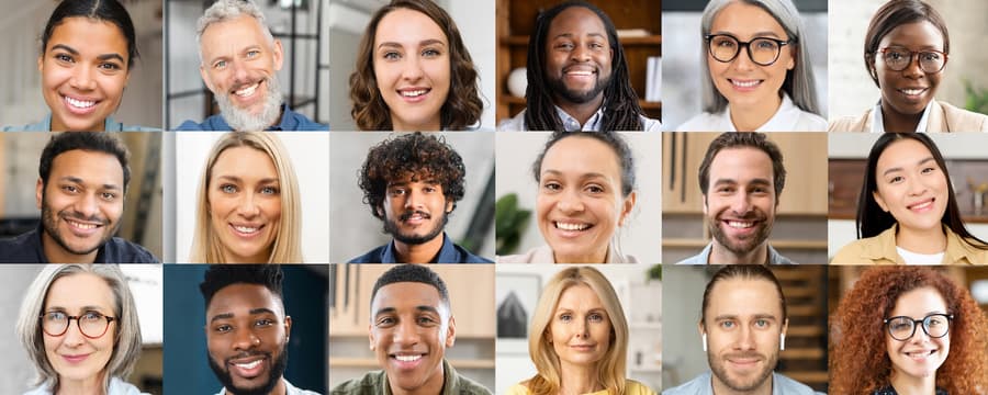 Collage of 12 diverse adults of different ages and backgrounds smiling at the camera.