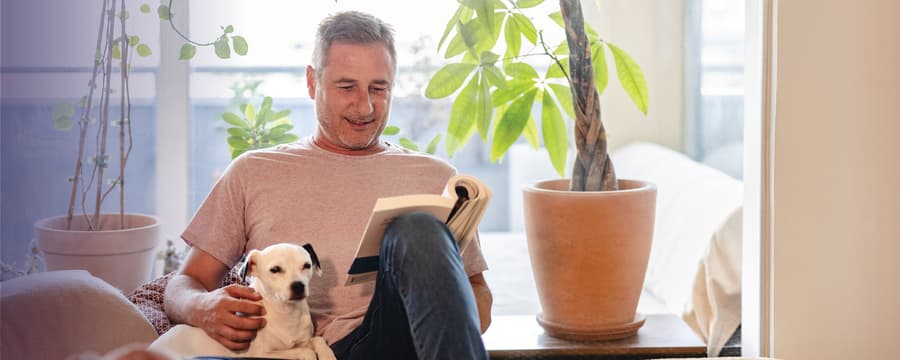 A man sits on a bed reading a book while petting a small white dog, with another dog in the foreground and several large houseplants by bright windows in the background.