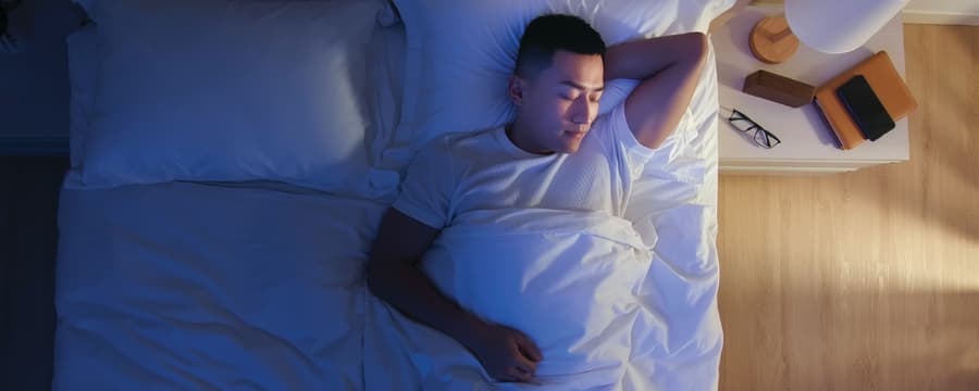 A man lying in bed under white sheets, resting on his back with one arm behind his head, illuminated by soft blue nighttime lighting, with a bedside table and lamp nearby.