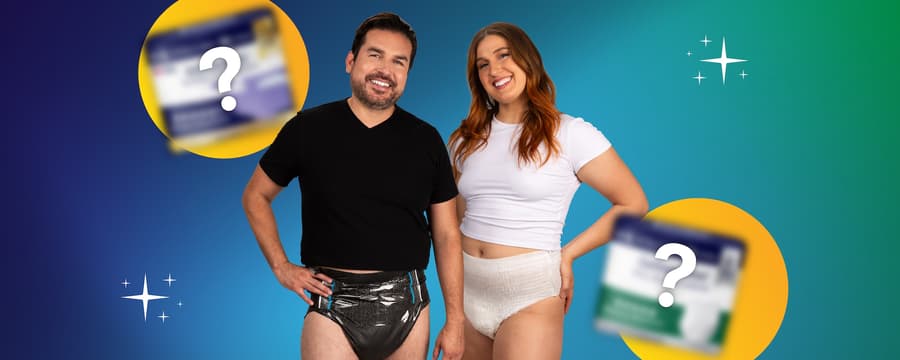 Smiling man and woman confidently wearing adult diapers against a colorful background with blurred product packaging, showcasing the best adult diapers of 2026.