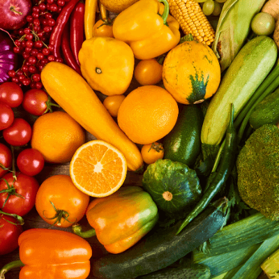 a selection of fruits and vegetables in all colors