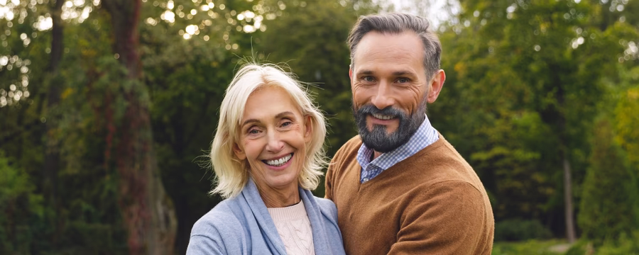 Two smiling adults stand outdoors in a park with their arms around each other, looking at the camera. The woman wears a light blue cardigan over a cream sweater, and the man wears a brown sweater over a blue checkered shirt, with green trees softly blurred in the background.