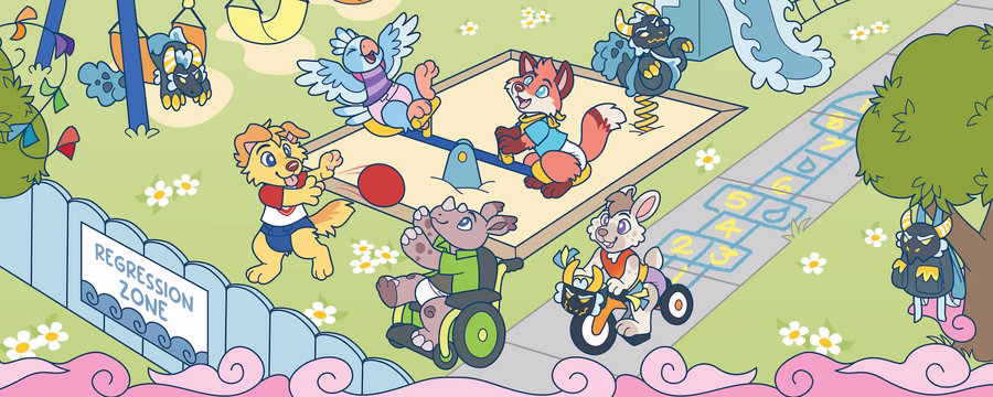 Colorful cartoon playground scene featuring several anthropomorphic animal characters playing together. A dog tosses a red ball to a goat using a wheelchair, while a bird swings overhead and a fox sits reading on a seesaw. A rabbit rides a tricycle nearby, and two cat-like characters play on spring riders in the background. Flowers dot the grass, and a sign reading "Regression Zone" stands beside the fenced play area.