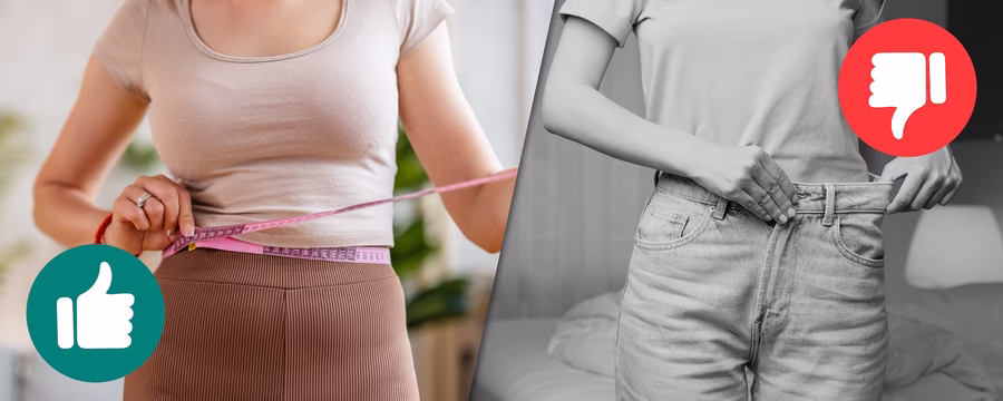 Side-by-side comparison of healthy and unhealthy weight-loss approaches. On the left, a person measures their waist with a tape measure beside a green thumbs-up icon. On the right, a grayscale image shows a person wearing oversized jeans with a red thumbs-down icon, emphasizing ineffective or unhealthy weight-loss methods.