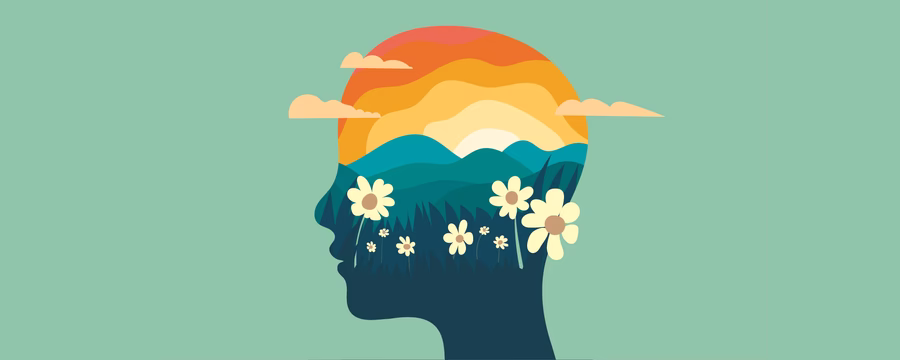 Illustration of a human head silhouette filled with a colorful sunset landscape, green hills, and wildflowers on a light green background.