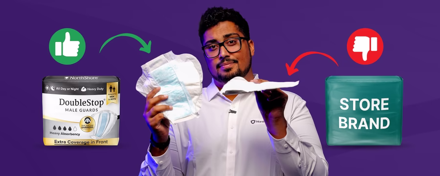 NorthShore representative compares a DoubleStop Male Guards package and absorbent pad with a store-brand incontinence pad, using thumbs-up and thumbs-down icons to emphasize the difference.
