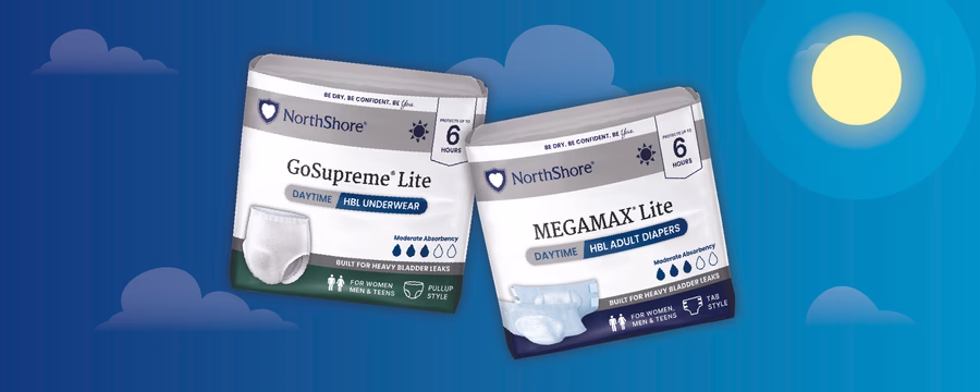 NorthShore GoSupreme Lite and MegaMax Lite daytime adult incontinence products against a blue sky background with clouds and sun.
