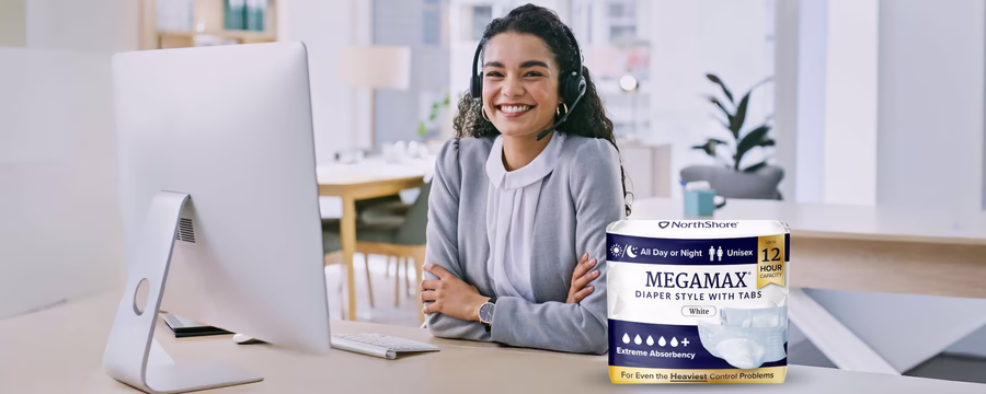 Customer service representative with NorthShore MEGAMAX adult diapers for reliable protection.
