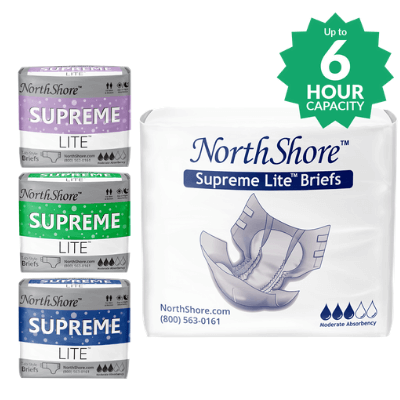 NorthShore Supreme Lite adult diapers in colors: purple, green, blue and white 