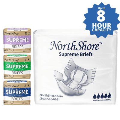 NorthShore Supreme adult diapers in colors: green, purple, blue and white