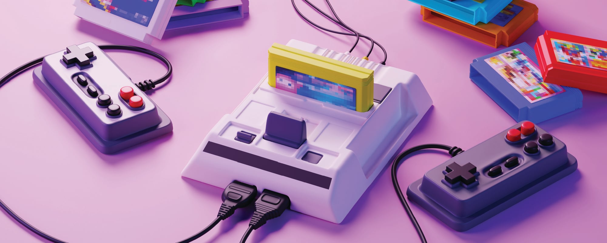 A retro-style video game console sits on a purple surface with two wired controllers attached. Several colorful game cartridges are stacked around the console, with one cartridge inserted, creating a nostalgic gaming-themed scene with bright neon lighting.