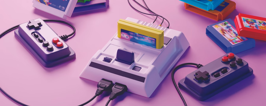 A retro-style video game console sits on a purple surface with two wired controllers attached. Several colorful game cartridges are stacked around the console, with one cartridge inserted, creating a nostalgic gaming-themed scene with bright neon lighting.