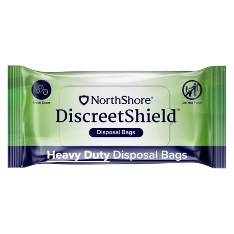 Package of NorthShore DiscreetShield Disposal Bags, offering convenient and discreet disposal of incontinence products