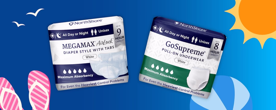 Promotional summer-themed graphic featuring two NorthShore incontinence products on a blue background. On the left is a package of NorthShore MegaMax AirLock diaper-style briefs with tabs, labeled “All Day or Night,” “Unisex,” and “Up to 9 Hour Capacity.” On the right is a package of NorthShore GoSupreme pull-on underwear, labeled “All Day or Night,” “Unisex,” and “Up to 8 Hour Capacity.” Both packages highlight maximum absorbency for heavy control needs. Decorative summer elements include a bright sun in the top right corner, seagulls in the sky, pink flip-flops in the bottom left, and a beach ball in the bottom right.