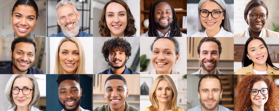 Collage of 12 diverse adults of different ages and backgrounds smiling at the camera.