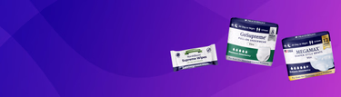 Three NorthShore incontinence products are displayed against a purple gradient background: MegaMax Diaper Style Briefs with up to 12-hour capacity, GoSupreme Pull-On Underwear with up to 8-hour capacity, and Supreme Wipes with aloe and calendula. The products are arranged diagonally.