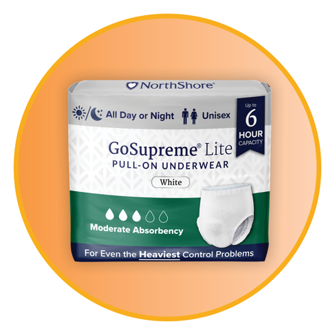 Package of NorthShore GoSupreme Lite pull-on underwear, featuring moderate absorbency and up to 6-hours protection for unisex wear