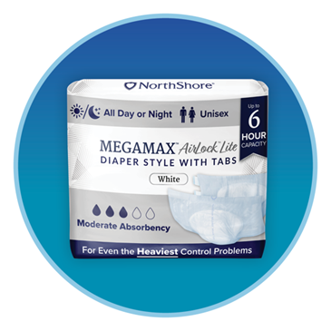 Package of NorthShore MEGAMAX AirLock Lite adult diaper with tabs, designed for unisex use and up to 6 hours of moderate absorbency