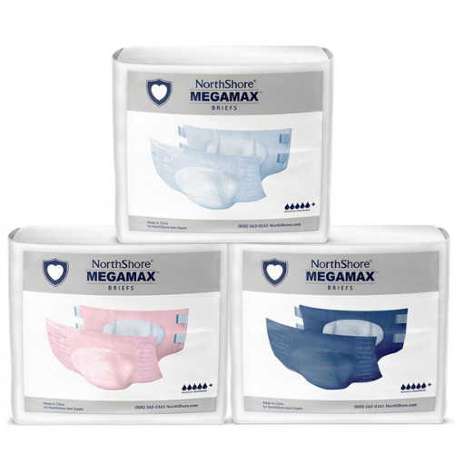 NorthShore MEGAMAX Adult Diapers in pink, white and blue
