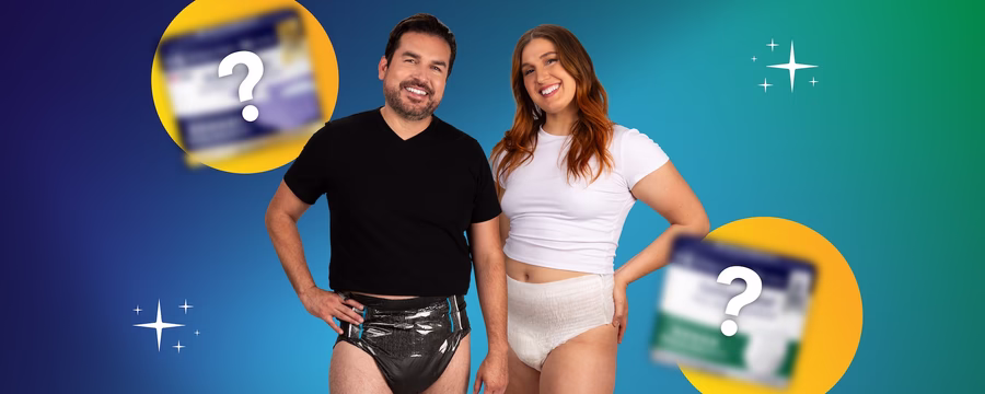 Smiling man and woman confidently wearing adult diapers against a colorful background with blurred product packaging, showcasing the best adult diapers of 2026.