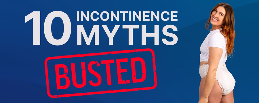 Graphic reading “10 Incontinence Myths” in large white text on a blue background, with a red “BUSTED” stamp across the bottom.