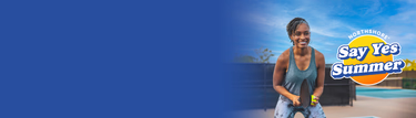 A smiling woman stands on an outdoor pickleball court holding a paddle and ball, ready to play. Beside her is a colorful "NorthShore Say Yes Summer" logo against a bright blue sky. A blue gradient fills the lower portion of the image.