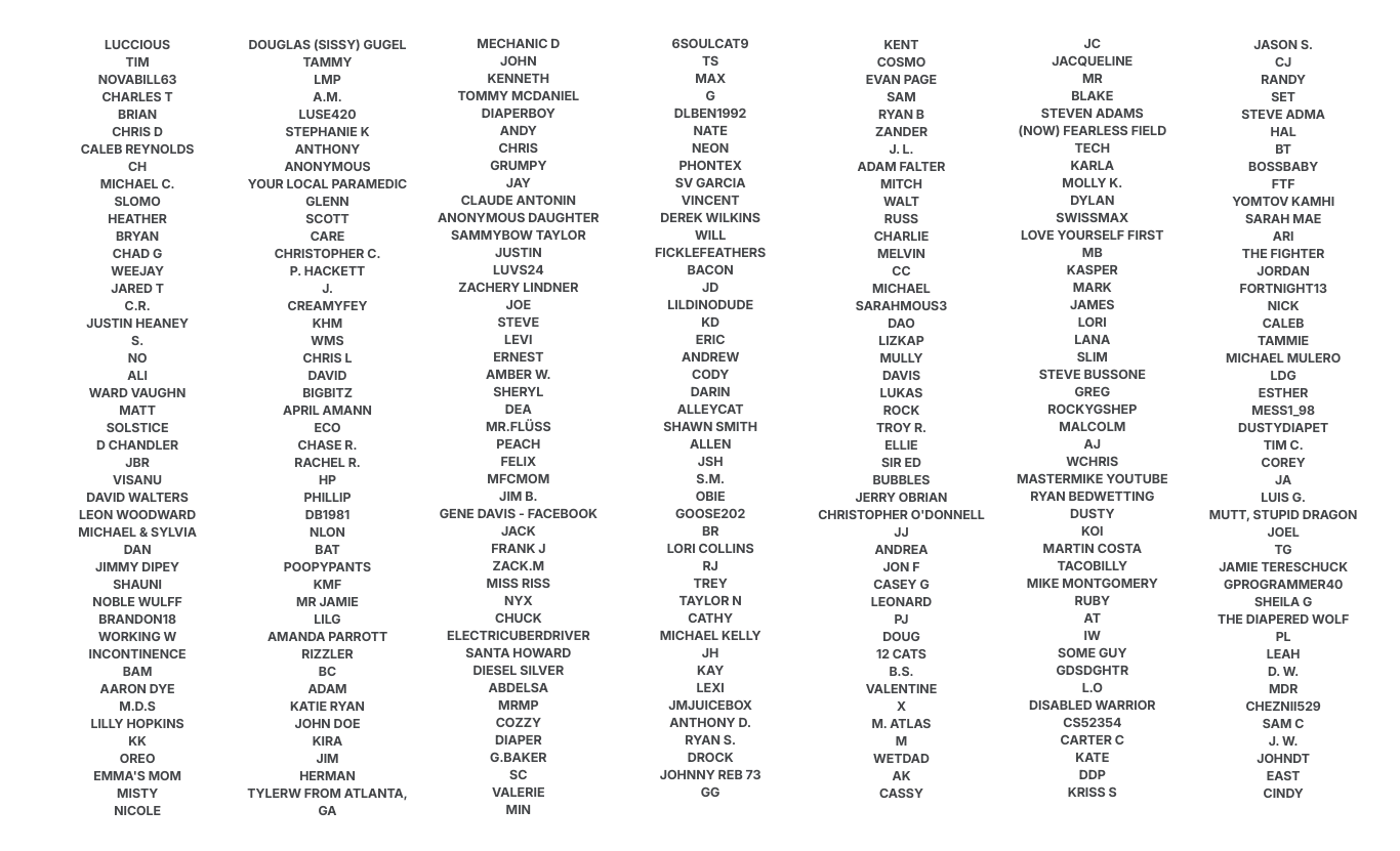 List of customers' names who have shared their incontinence stories with NorthShore Care Supply