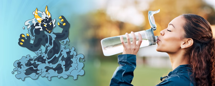 A woman drinking water from a bottle with a fantasy water-themed creature Typhos beside her, illustrating hydration myths and facts for ABDL individuals.