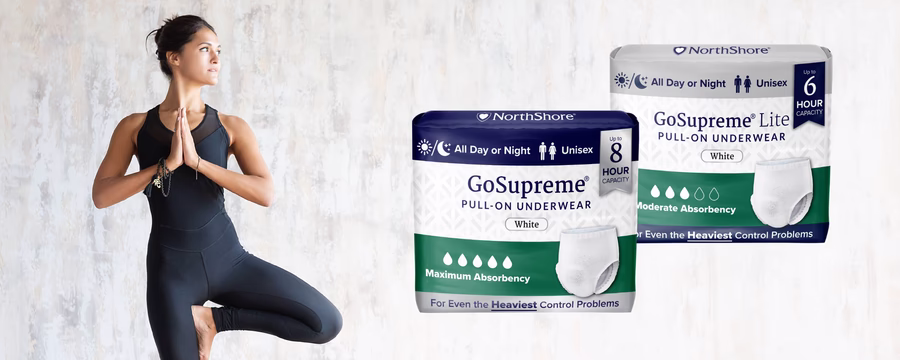Yoga pose beside NorthShore GoSupreme and GoSupreme Lite protective underwear.