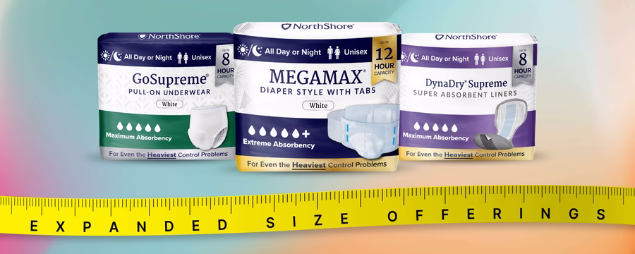 NorthShore incontinence products in expanded sizes including GoSupreme, MEGAMAX, and DynaDry Supreme liners with yellow measuring tape
