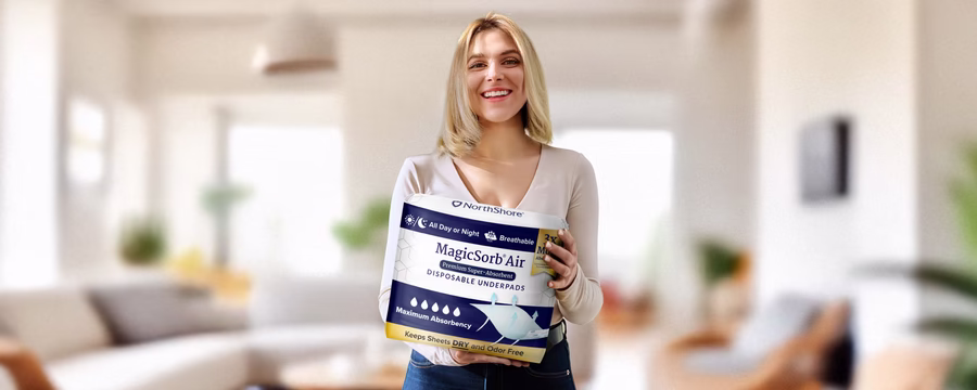 Smiling woman holding a pack of NorthShore MagicSorb Air disposable underpads at home, showcasing maximum absorbency and odor control
