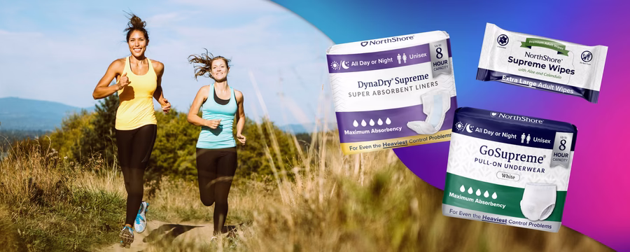 Two women jogging outdoors with NorthShore incontinence products shown on screen, highlighting active lifestyle and trusted protection