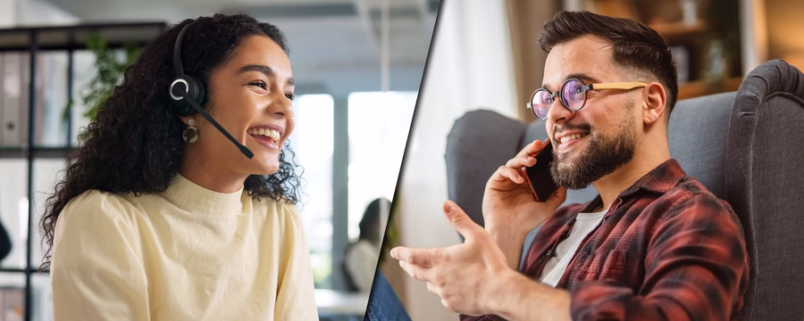 Split-screen image of a smiling customer service representative wearing a headset and a happy man talking on the phone from home, showing a positive customer support interaction.