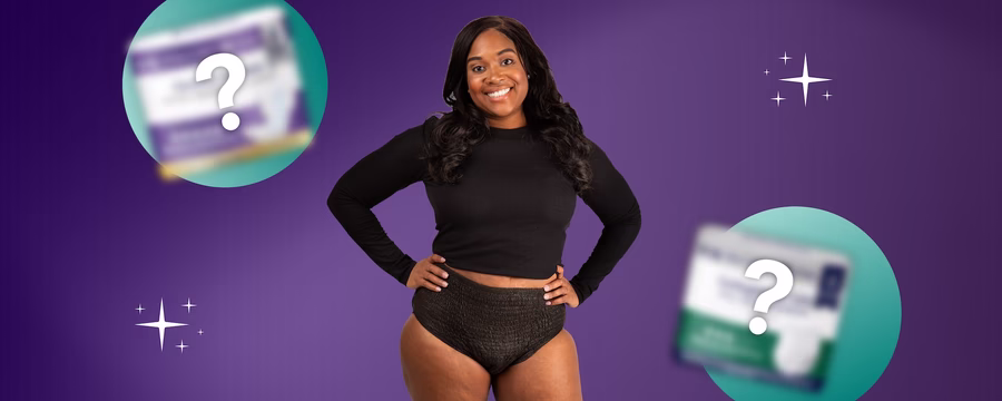 Confident woman smiling in black incontinence underwear with blurred product packaging in the background, showcasing NorthShore’s best protection for bowel leakage.