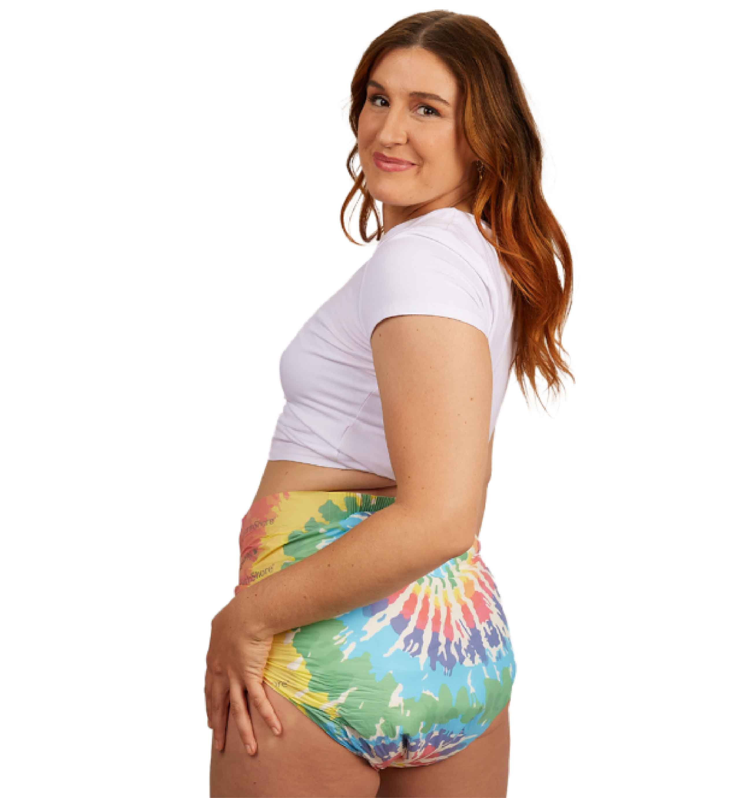 Model wearing MegaMax Tab-Style Brief Tie-Dye