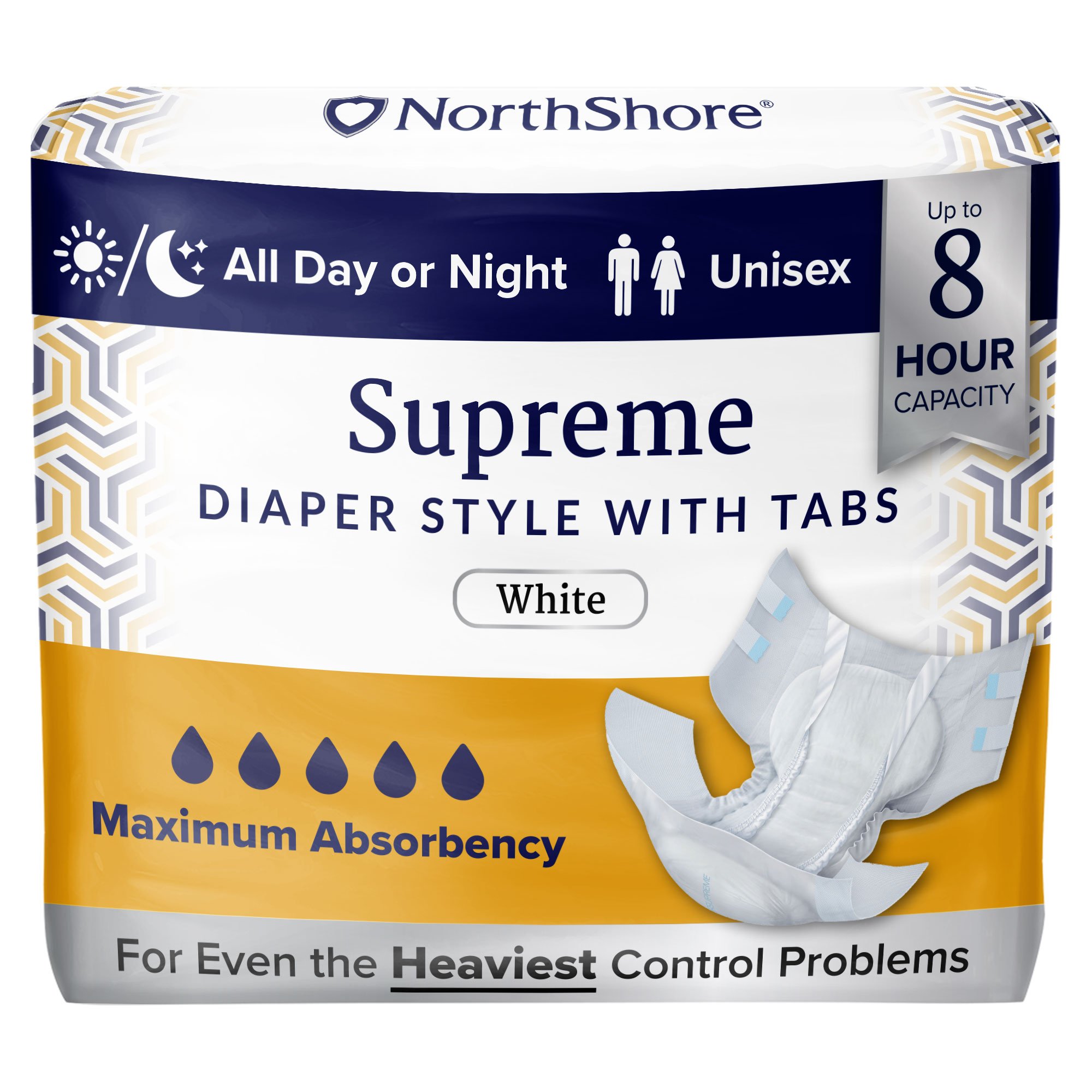 NorthShore Supreme adult diapers in blue, green, purple and white