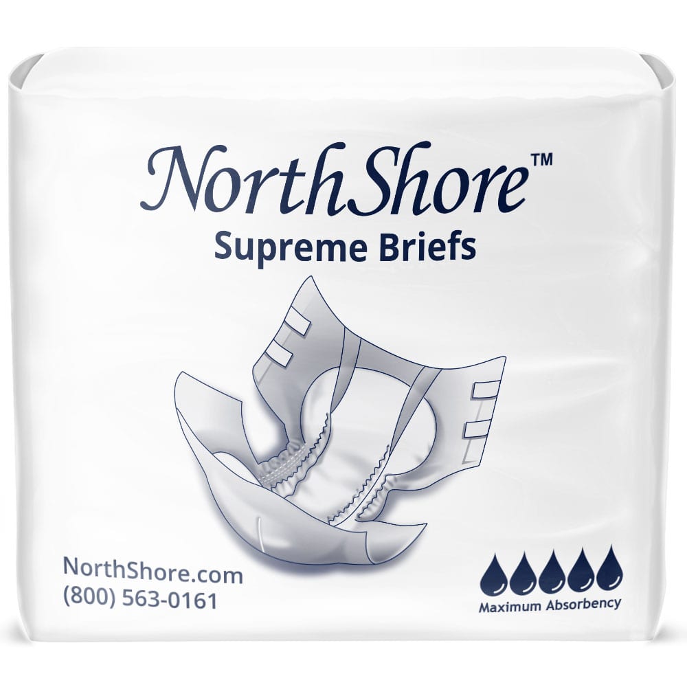 NorthShore Supreme adult diapers in blue, green, purple and white