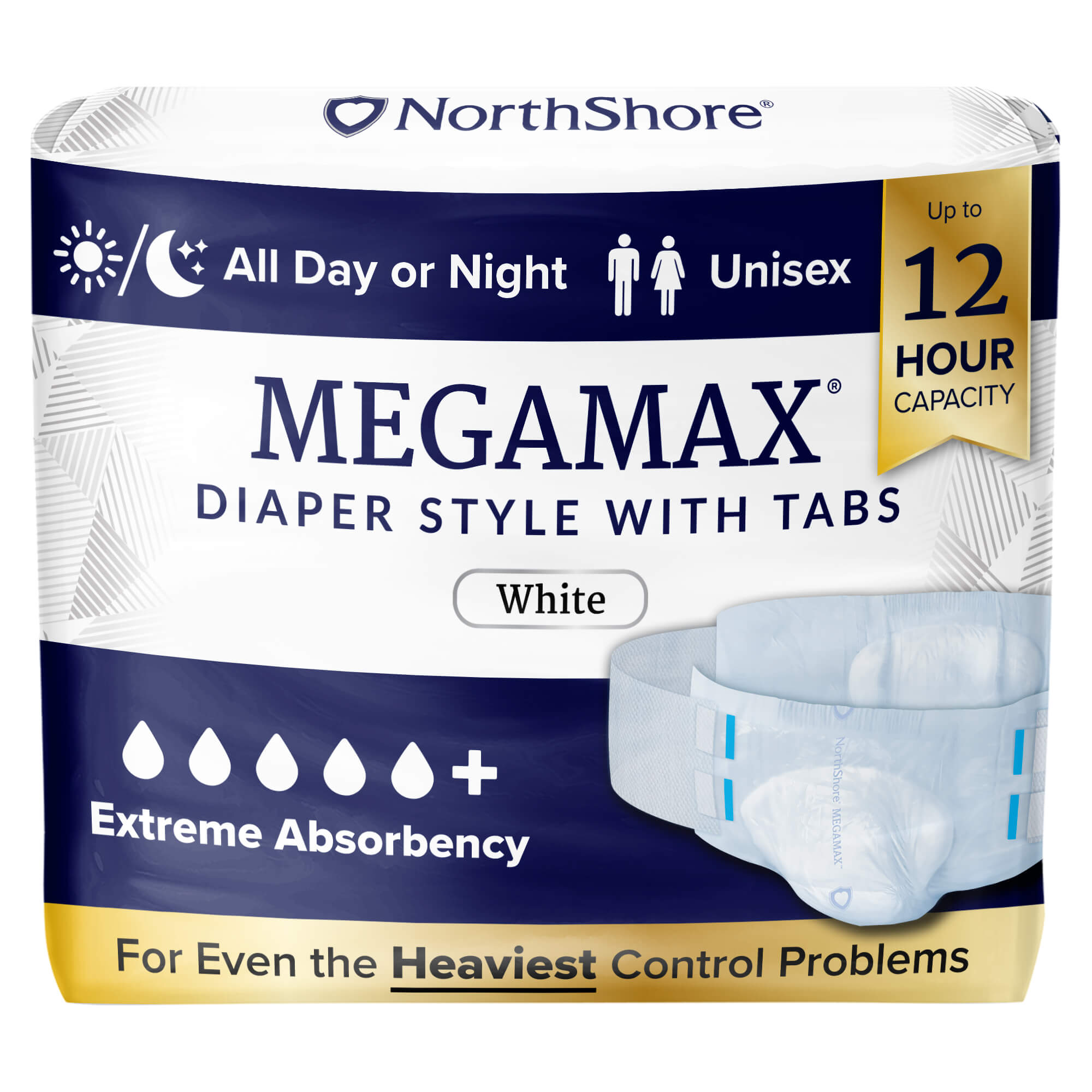Package of NorthShore MEGAMAX adult diaper with tabs, designed for unisex use and up to 12 hours of maximum absorbency