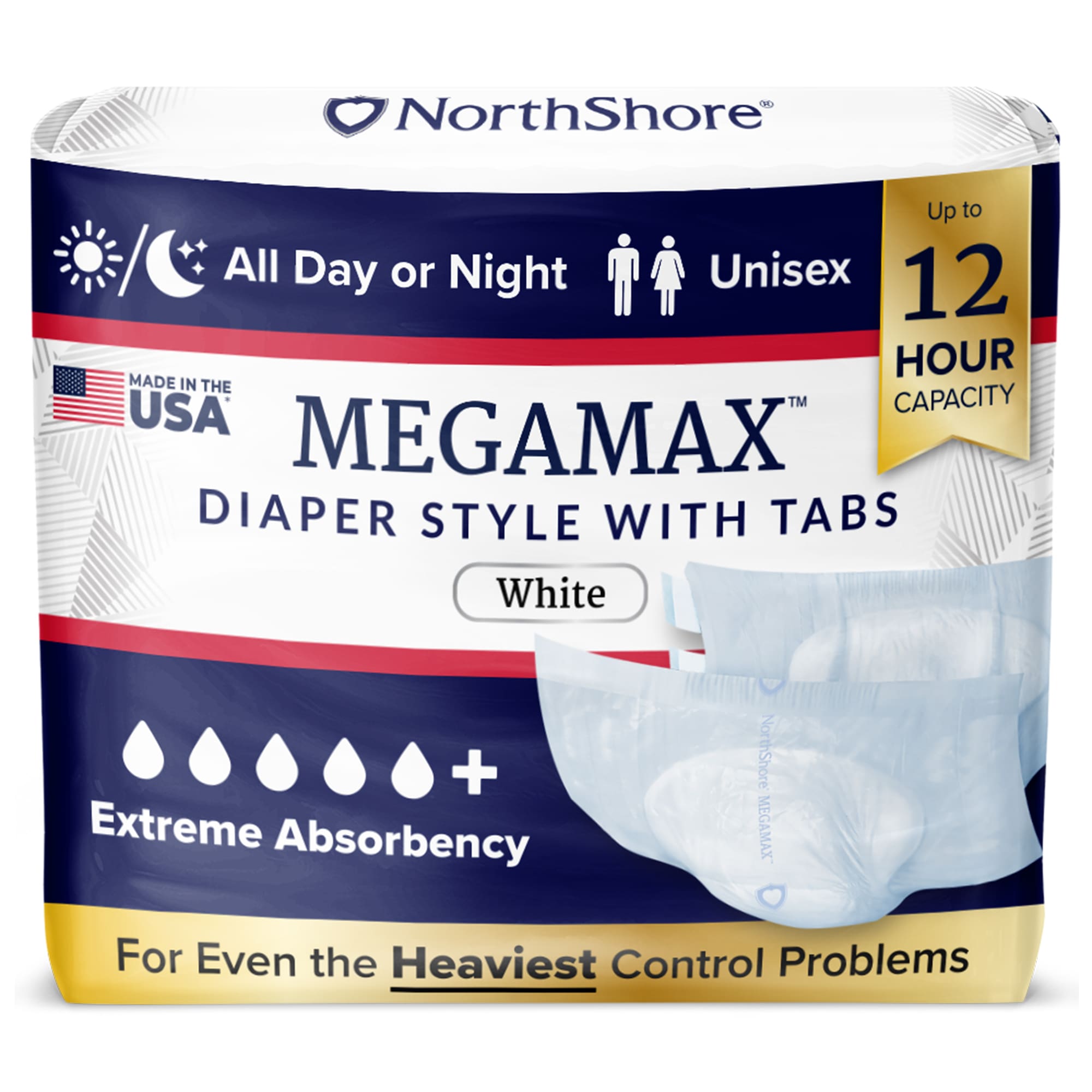NorthShore MegaMax Made in USA  Overnight Diaper Style Briefs with Tabs