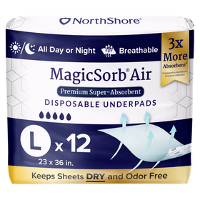 NorthShore MagicSorb Air Super-Absorbent Disposable Underpads, 23x36 in., Large, Pack/12