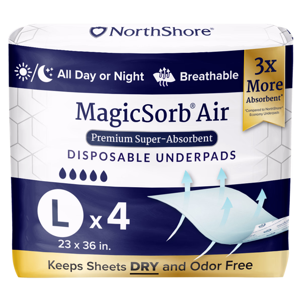 NorthShore MagicSorb Air Super-Absorbent Disposable Underpads, 23x36 in., Large, Starter Pack/4